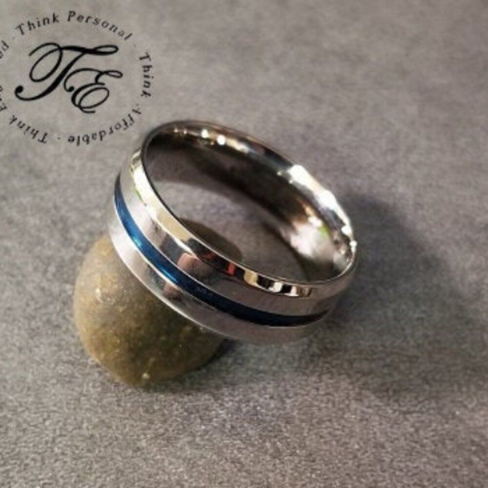 Men's Silver Promise Ring Band - Blue Line Center Groove Blue Line Promise Ring - Picture 3 of 8
